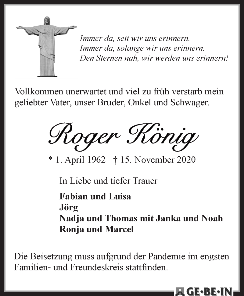 Traueranzeige von Roger König von WESER-KURIER