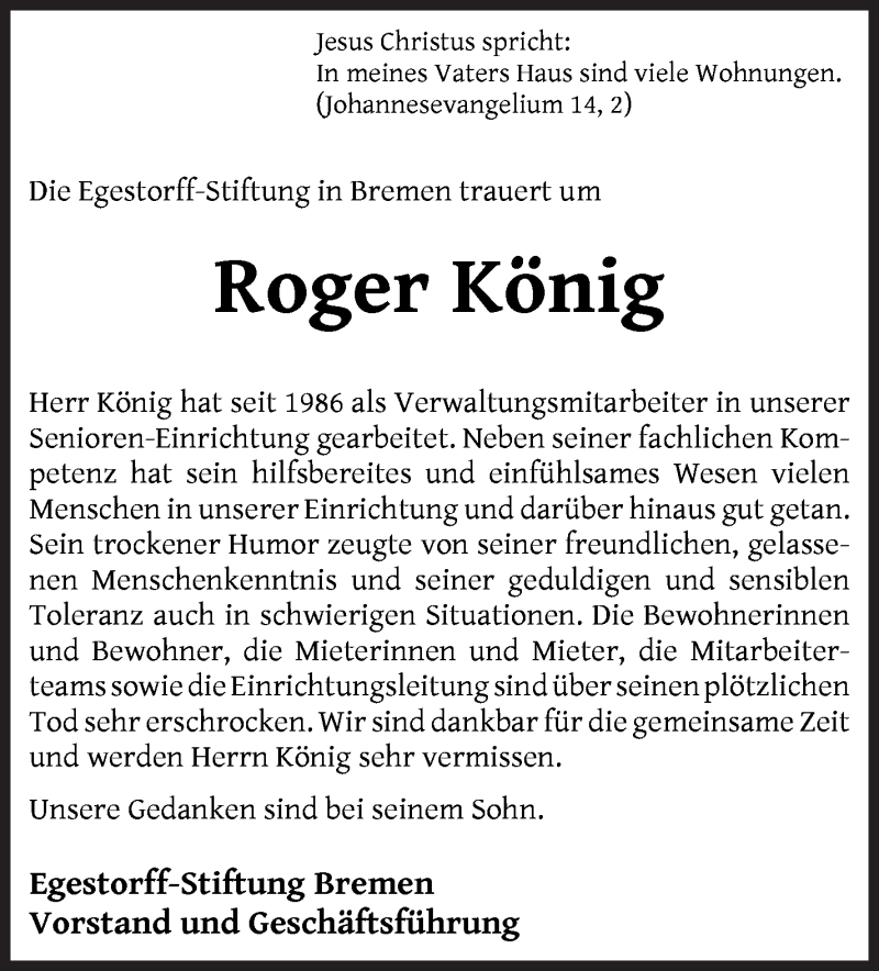 Traueranzeige von Roger König von WESER-KURIER