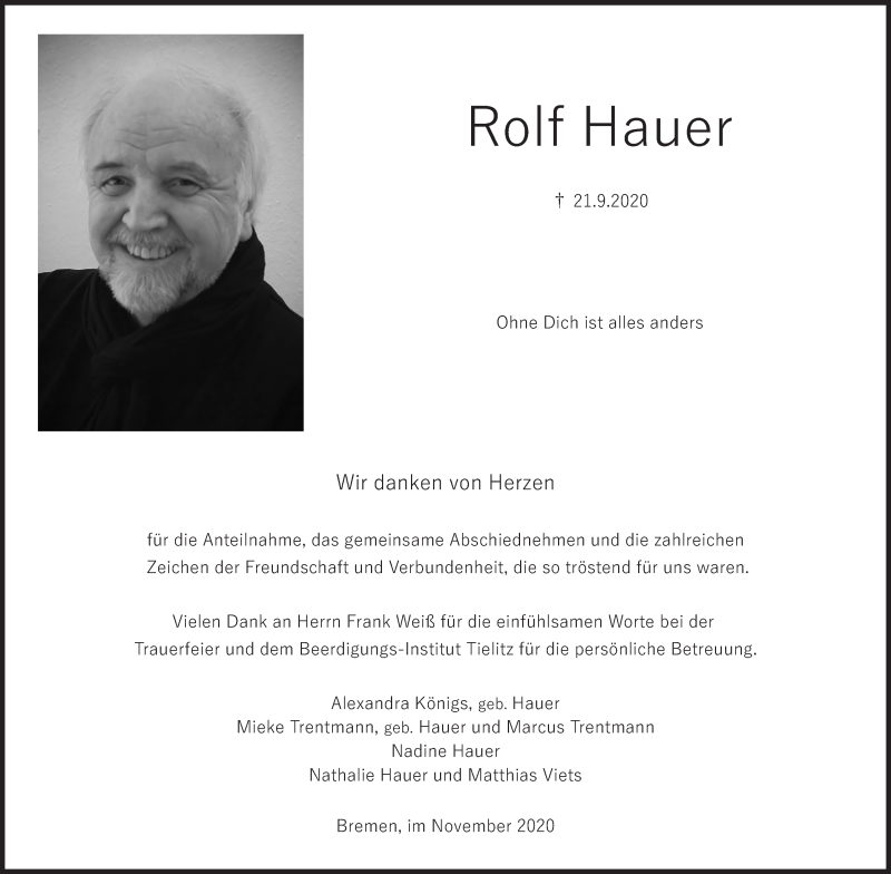 Traueranzeige von Rolf Hauer von WESER-KURIER