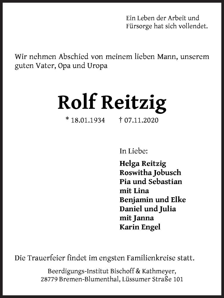 Traueranzeige von Rolf Reitzig von Die Norddeutsche