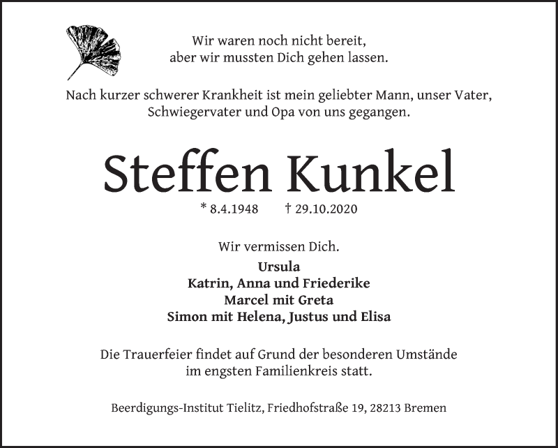Traueranzeige von Steffen Kunkel von WESER-KURIER