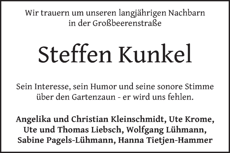 Traueranzeige von Steffen Kunkel von WESER-KURIER