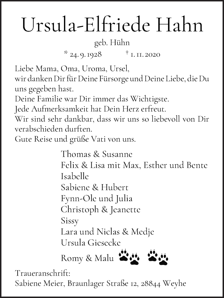 Traueranzeige von Ursula-Elfriede Hahn von WESER-KURIER