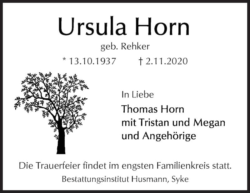 Traueranzeige von Ursula Horn von WESER-KURIER