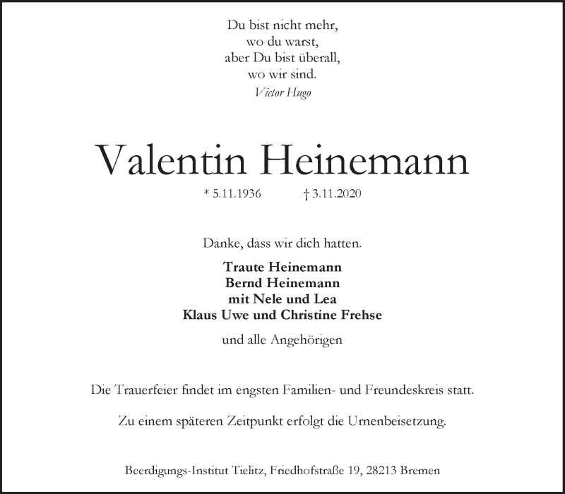 Traueranzeige von Valentin Heinemann von WESER-KURIER