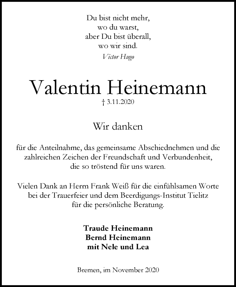 Traueranzeige von Valentin Heinemann von WESER-KURIER