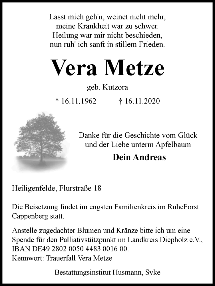 Traueranzeige von Vera Metze von WESER-KURIER