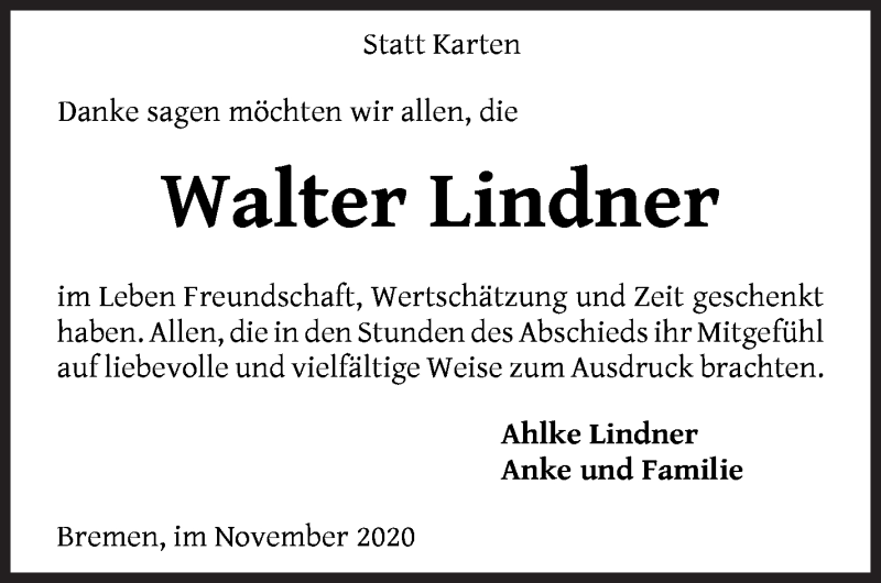 Traueranzeige von Walter Lindner von WESER-KURIER