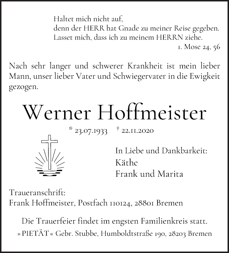 Traueranzeige von Werner Hoffmeister von WESER-KURIER