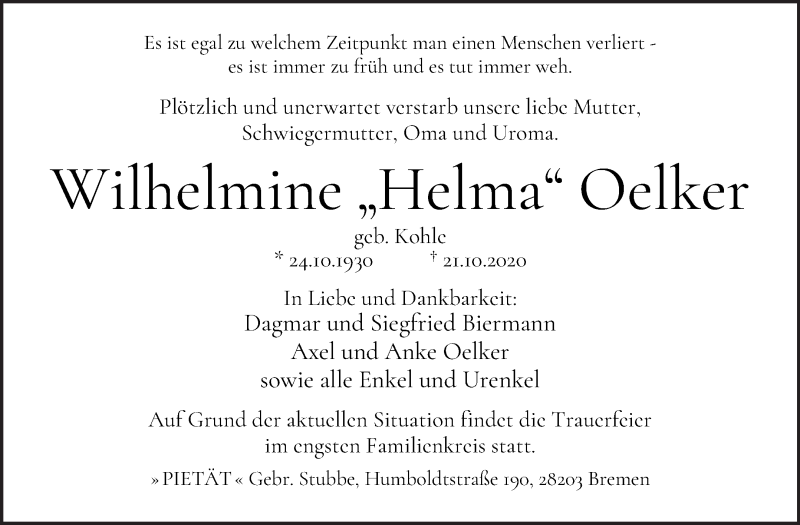 Traueranzeige von Wilhelmine „Helma“ Oelker von WESER-KURIER