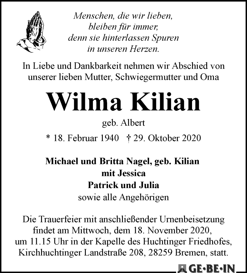 Traueranzeige von Wilma Kilian von WESER-KURIER