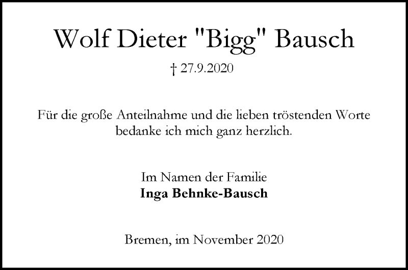Traueranzeige von Wolf Dieter Bausch von WESER-KURIER