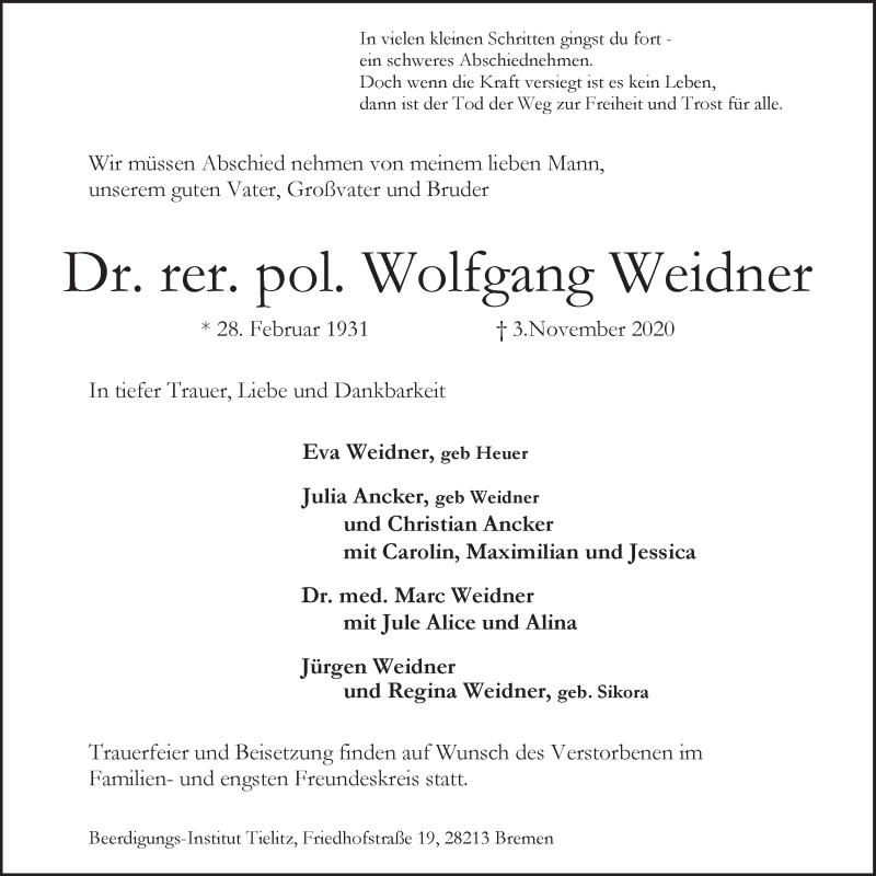 Traueranzeige von Wolfgang Weidner von WESER-KURIER