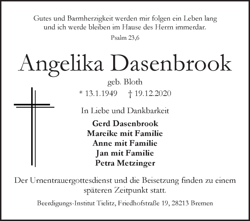 Traueranzeige von Angelika Dasenbrook von WESER-KURIER