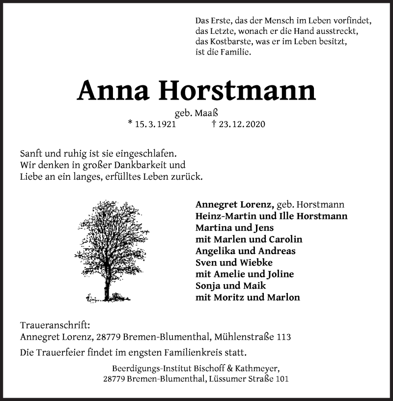 Traueranzeige von Anna Horstmann von Die Norddeutsche