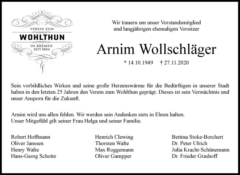 Traueranzeige von Arnim Wollschläger von WESER-KURIER