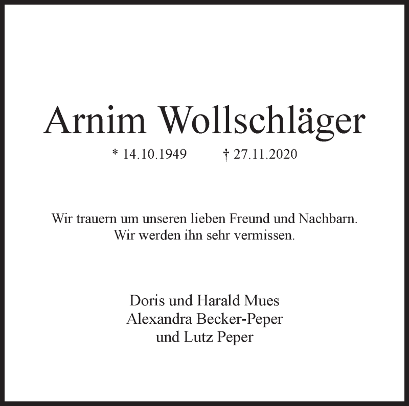 Traueranzeige von Arnim Wollschläger von WESER-KURIER