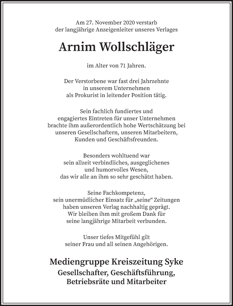 Traueranzeige von Arnim Wollschläger von WESER-KURIER