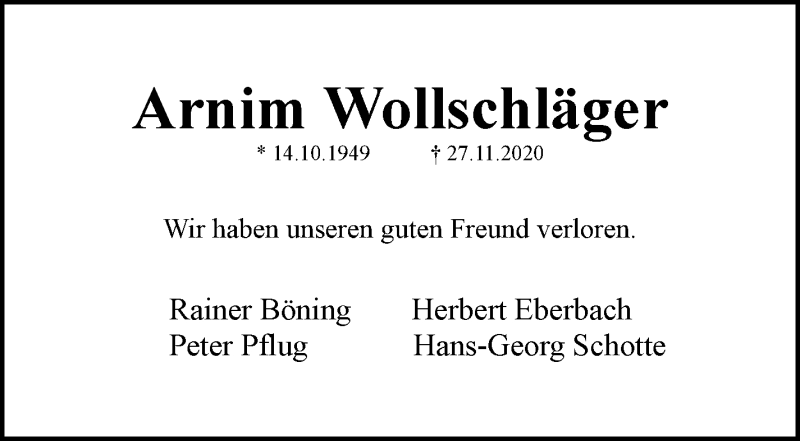 Traueranzeige von Arnim Wollschläger von WESER-KURIER