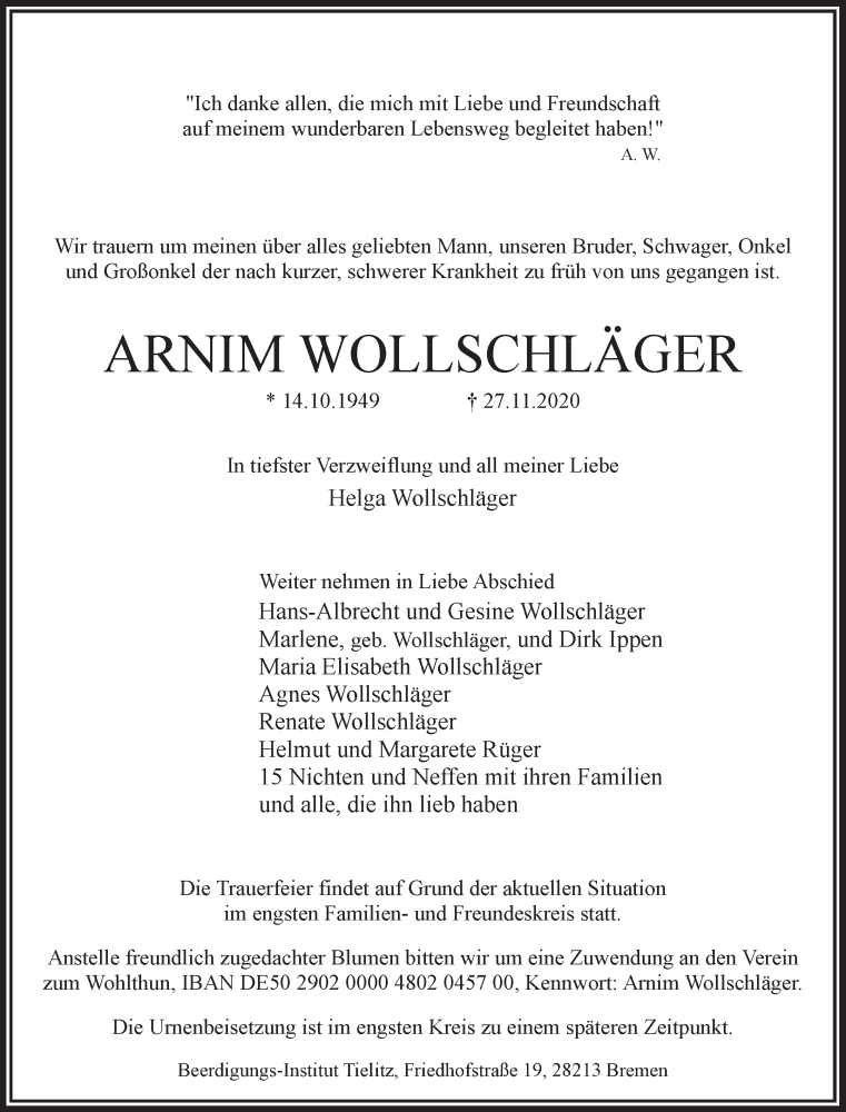Traueranzeige von Arnim Wollschläger von WESER-KURIER
