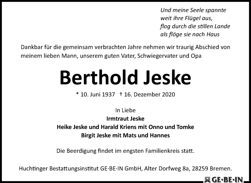 Traueranzeige von Bertholt Jeske von WESER-KURIER