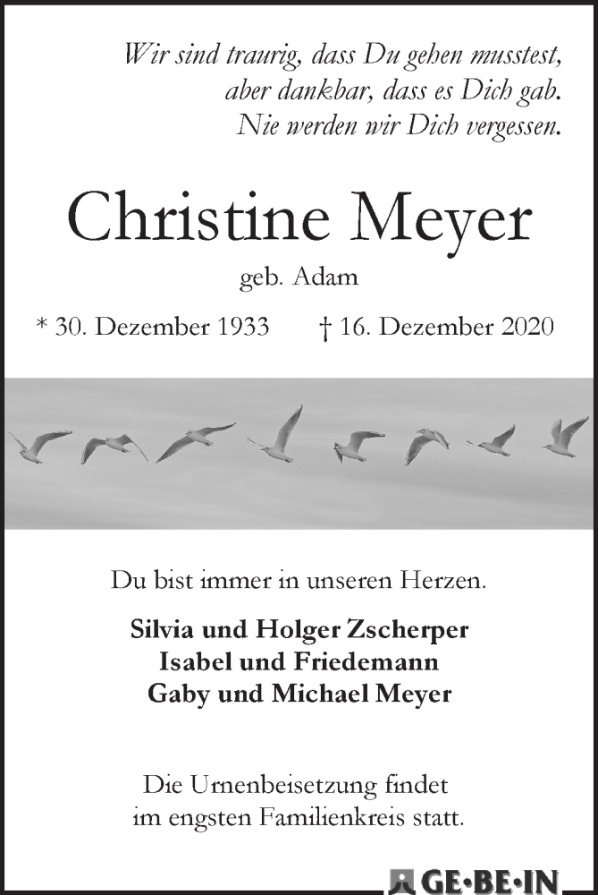 Traueranzeige von Chrisitine Meyer von WESER-KURIER
