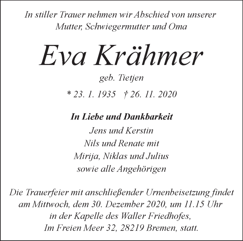 Traueranzeige von Eva Krähmer von WESER-KURIER