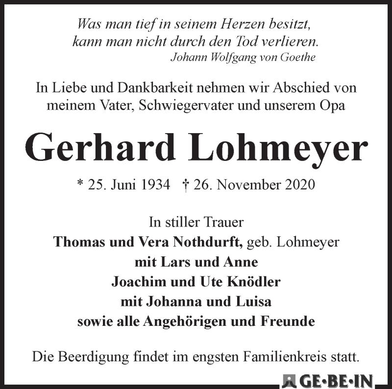 Traueranzeige von Gerhard Lohmeyer von WESER-KURIER