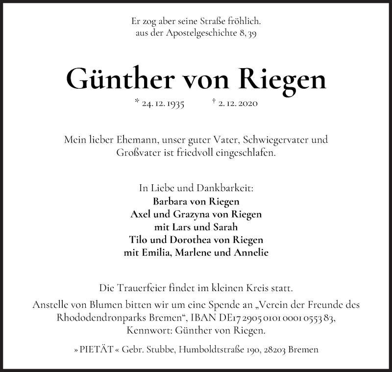Traueranzeige von Günther von Riegen von WESER-KURIER