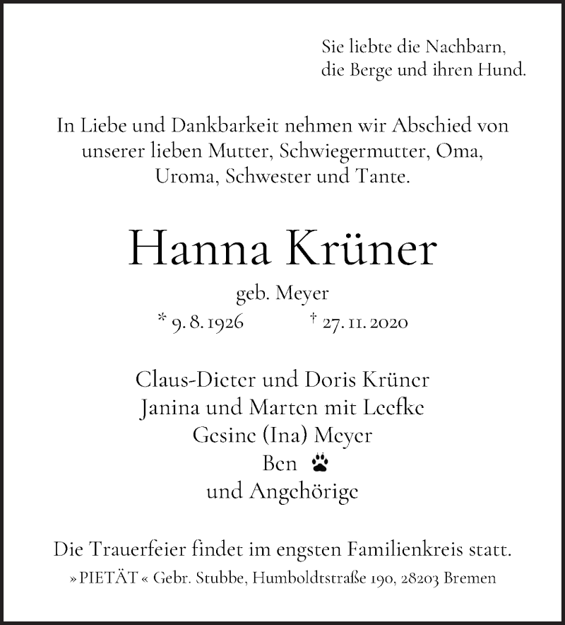 Traueranzeige von Hanna Krüner von WESER-KURIER