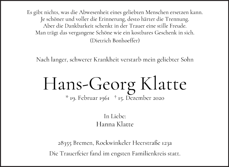 Traueranzeige von Hans-Georg Klatte von WESER-KURIER
