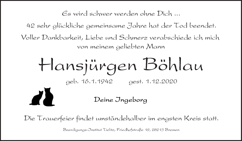 Traueranzeige von Hansjürgen Böhlau von WESER-KURIER