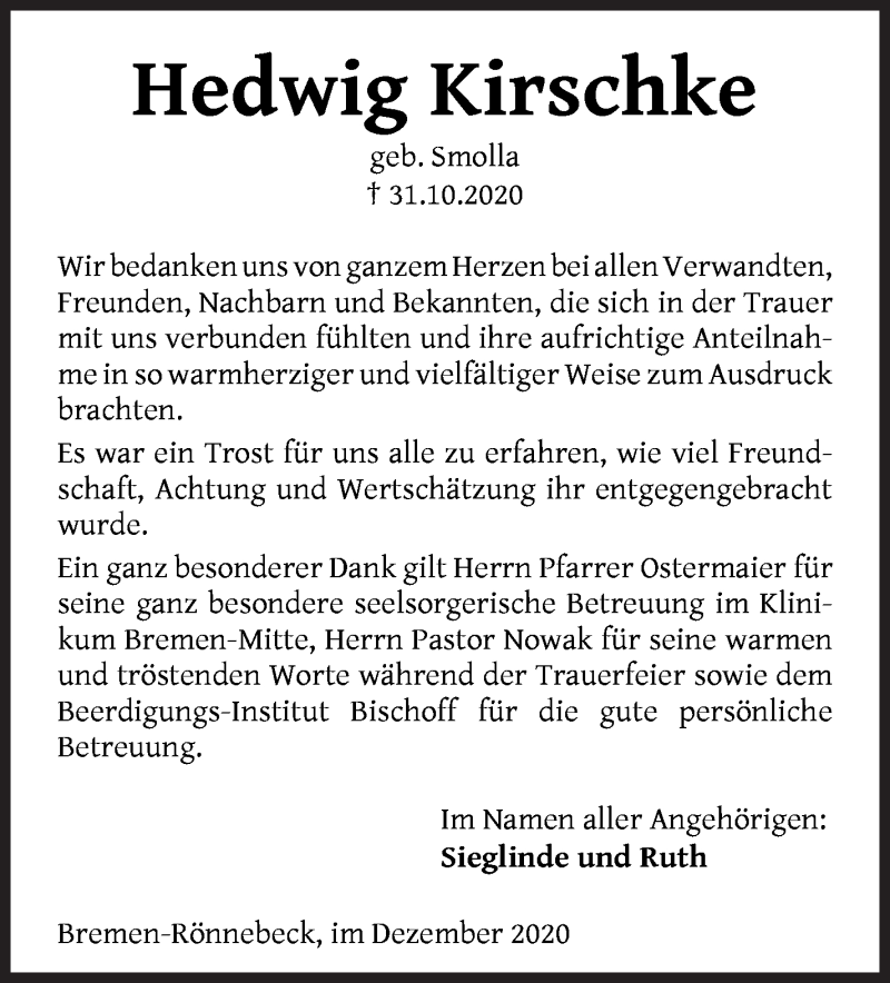 Traueranzeige von Hedwig Kirschke von Die Norddeutsche