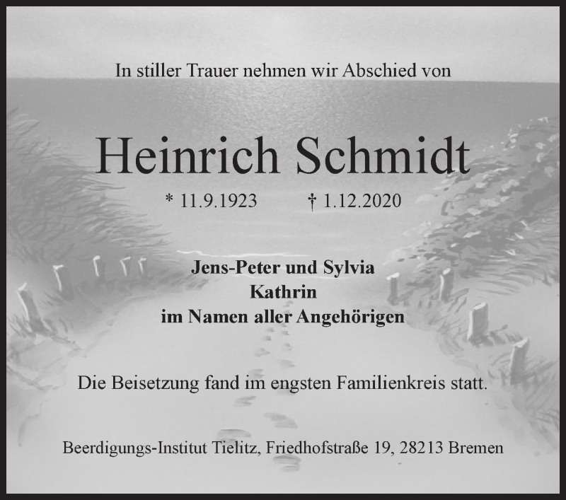 Traueranzeige von Heinrich Schmidt von WESER-KURIER
