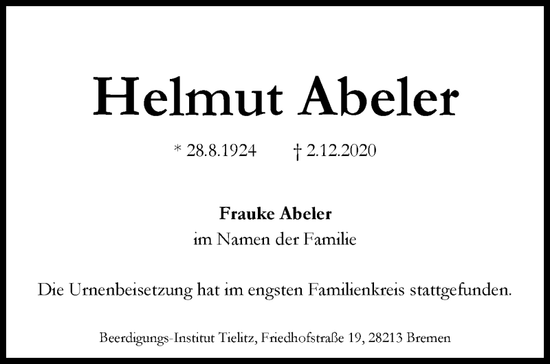 Traueranzeige von Helmut Abeler von WESER-KURIER