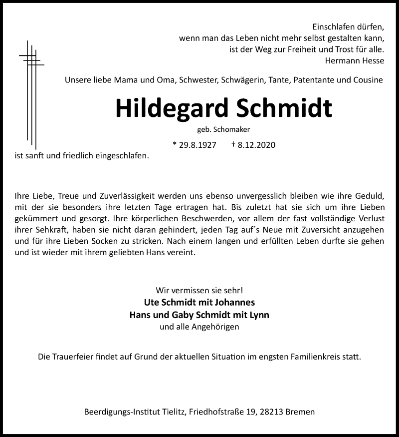 Traueranzeige von Hildegard Schmidt von WESER-KURIER