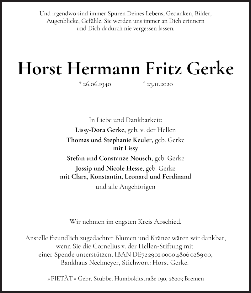 Traueranzeige von Horst Hermann Fritz Gerke von WESER-KURIER