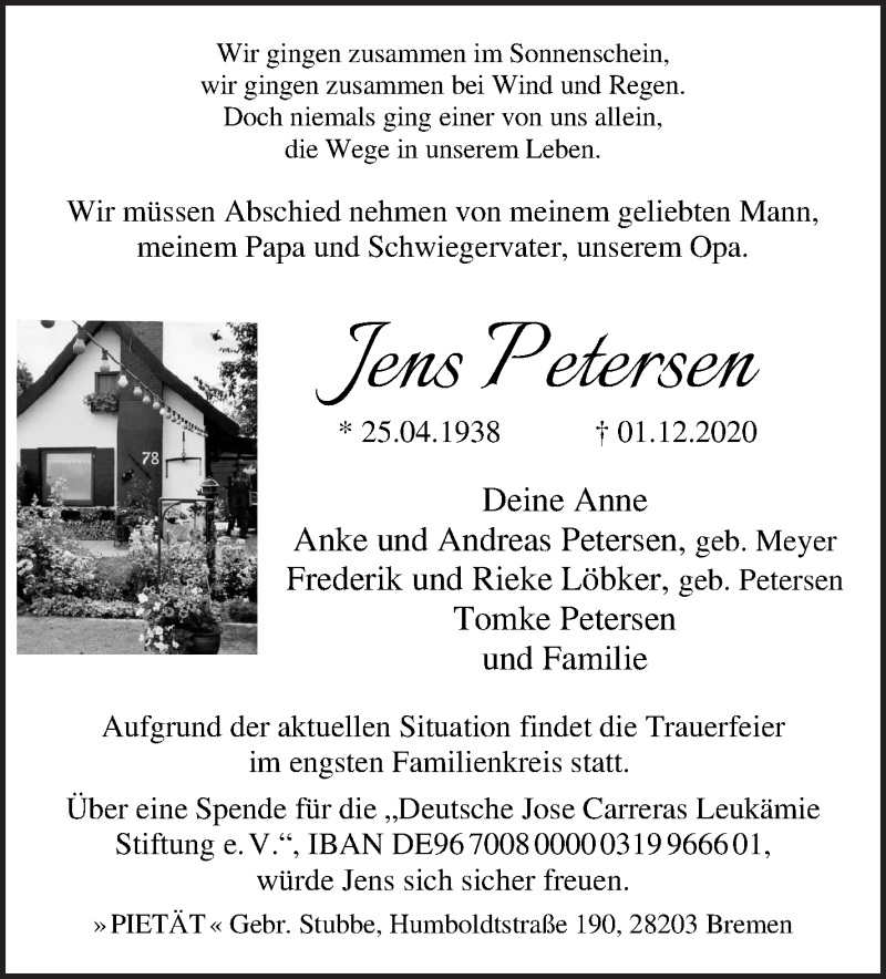 Traueranzeige von Jens Petersen von WESER-KURIER