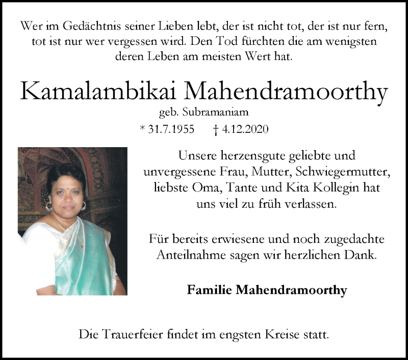 Traueranzeige von Kamalambikai Mahendramoorthy von WESER-KURIER