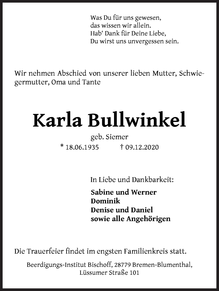 Traueranzeige von Karla Bullwinkel von Die Norddeutsche
