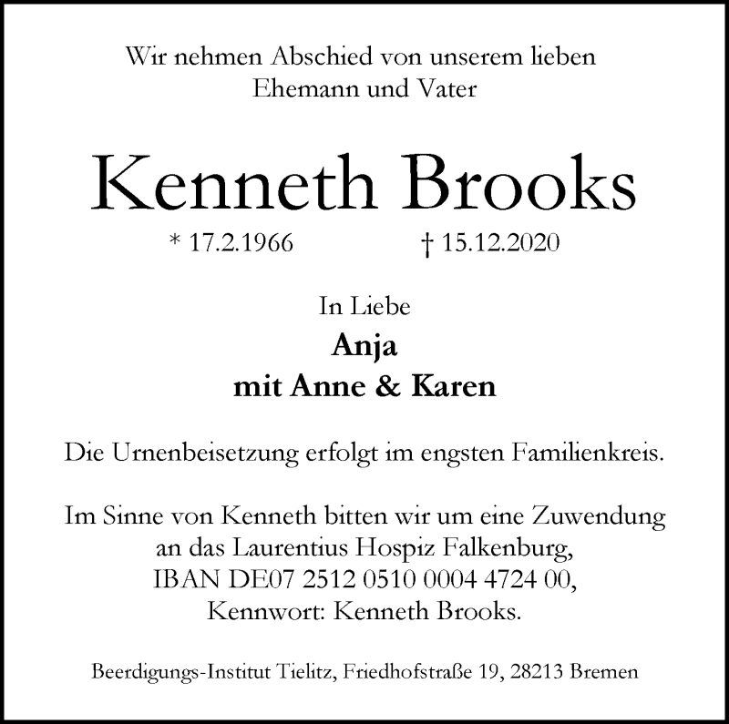 Traueranzeige von Kenneth Brooks von WESER-KURIER