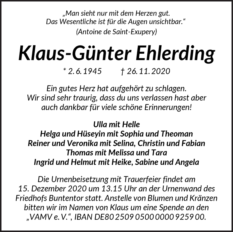 Traueranzeige von Klaus-Günther Ehlerding von WESER-KURIER