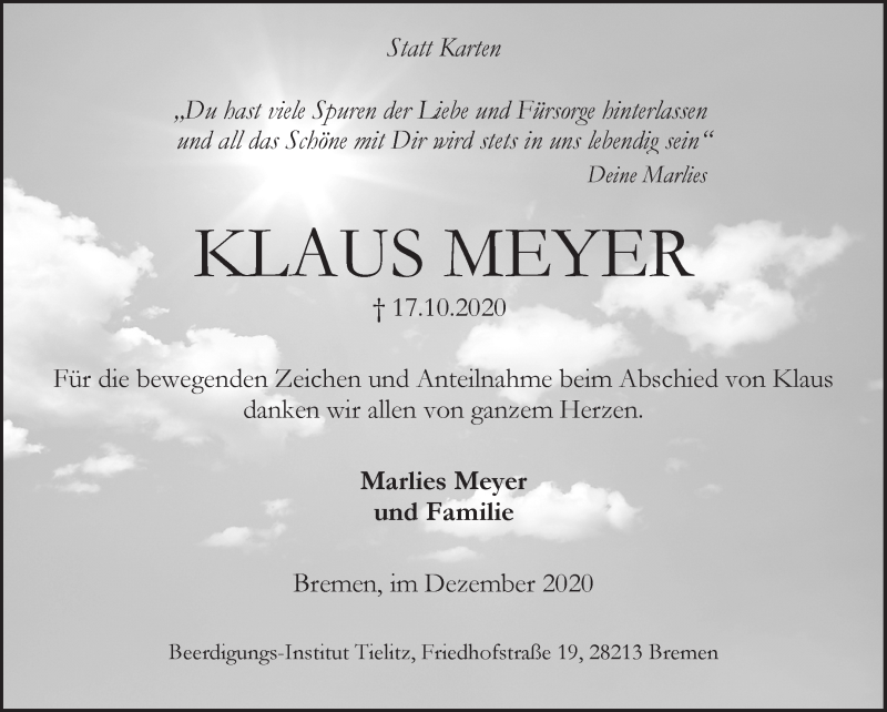 Traueranzeige von Klaus Meyer von WESER-KURIER