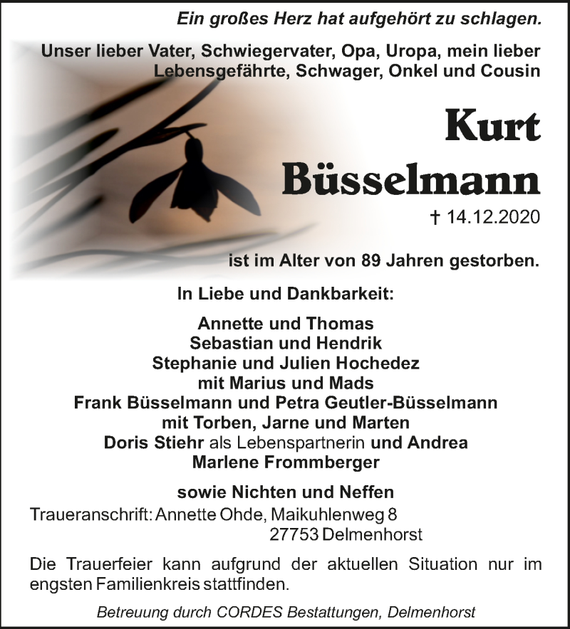 Traueranzeige von Kurt Büsselmann von WESER-KURIER