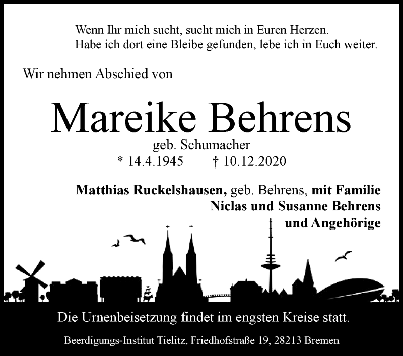 Traueranzeige von Mareike Behrens von WESER-KURIER
