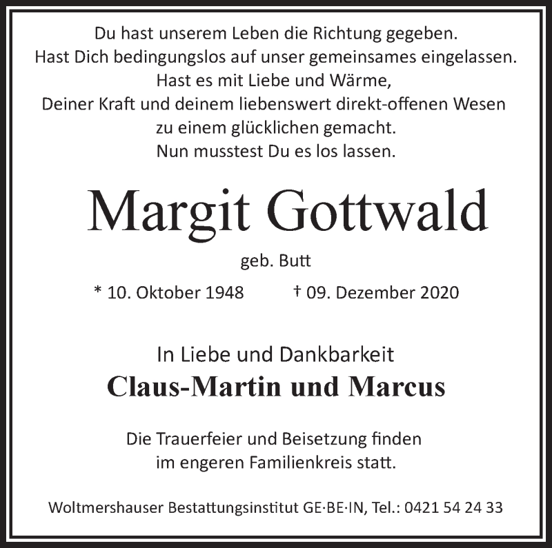 Traueranzeige von Margit Gottwald von WESER-KURIER