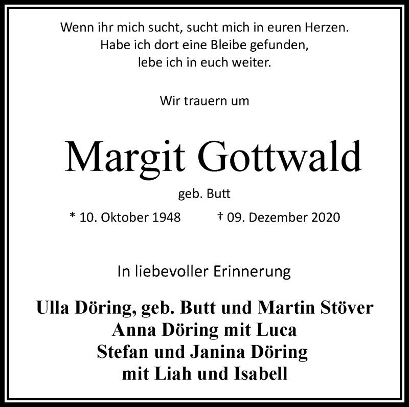 Traueranzeige von Margit Gottwald von WESER-KURIER