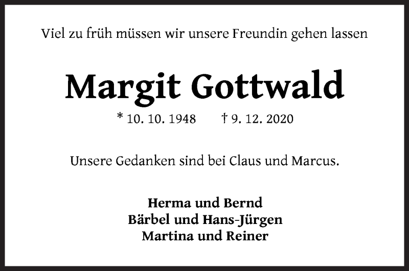 Traueranzeige von Margit Gottwald von WESER-KURIER
