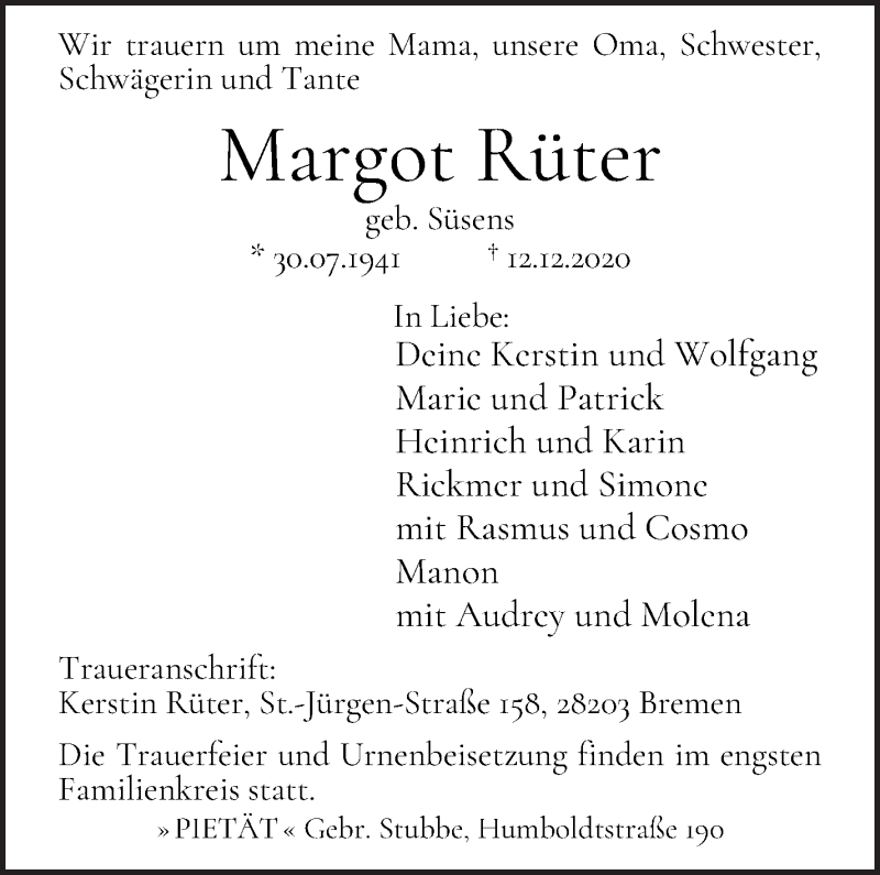 Traueranzeige von Margot Rüter von WESER-KURIER