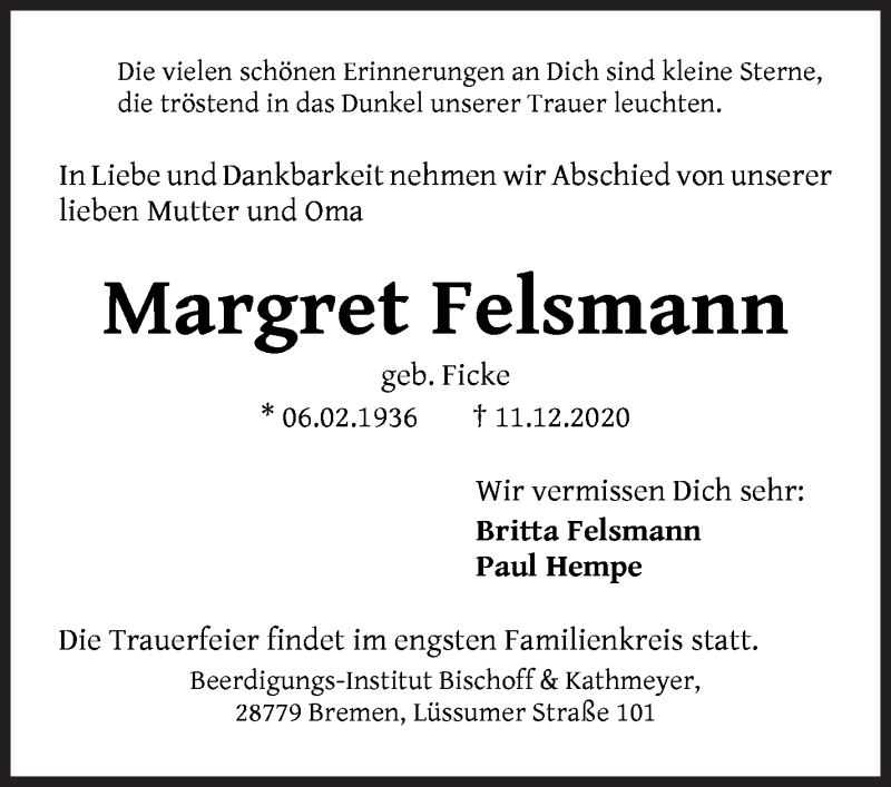 Traueranzeige von Margret Feldmann von Die Norddeutsche